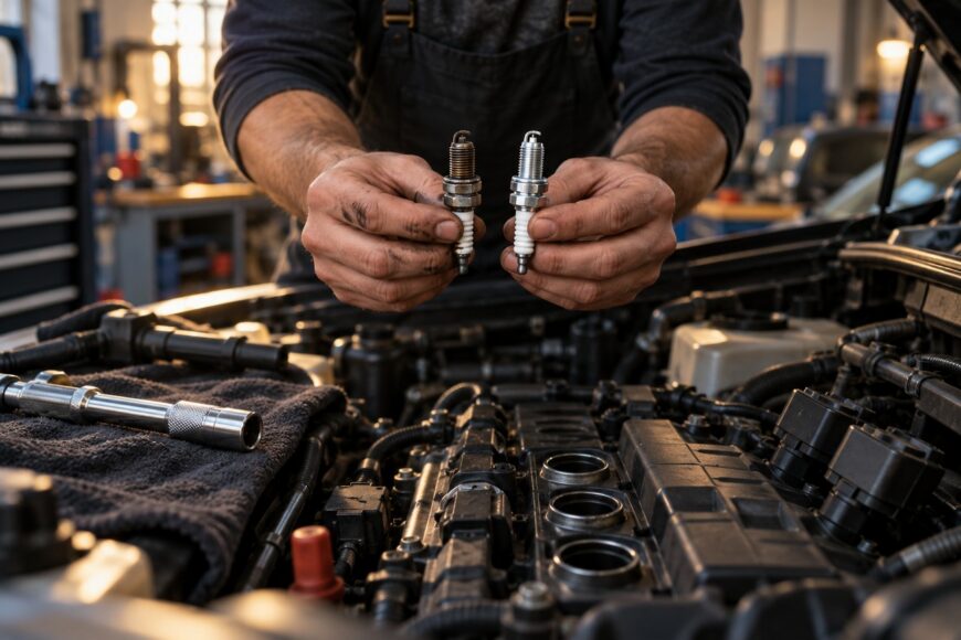 Mechanic holding an old and a new spark plug above an open car engine in a repair shop
