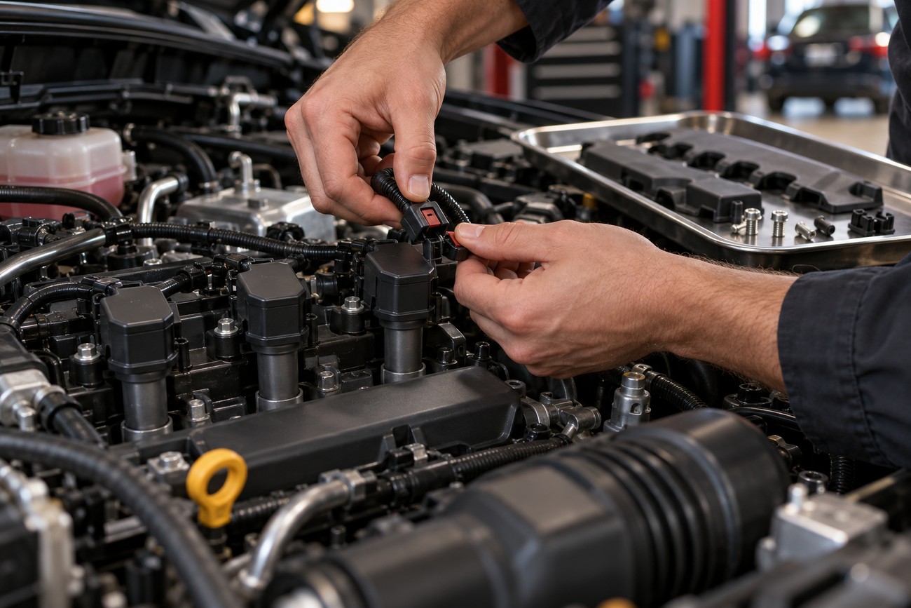Mechanic hands disconnecting the electrical wiring harness from an ignition coil in a modern car engine bay