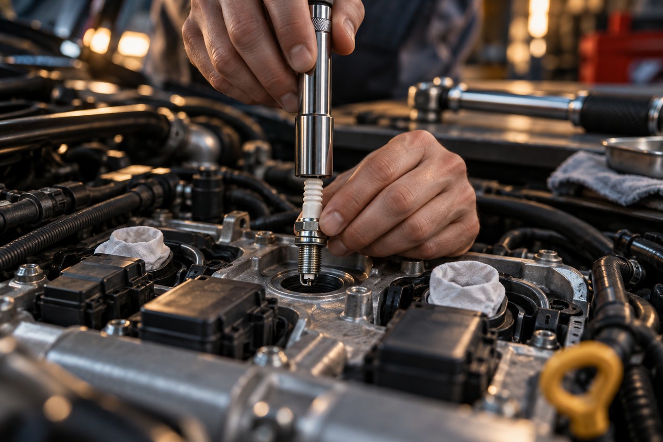 Mechanic installing a new spark plug into a modern car engine using a socket tool
