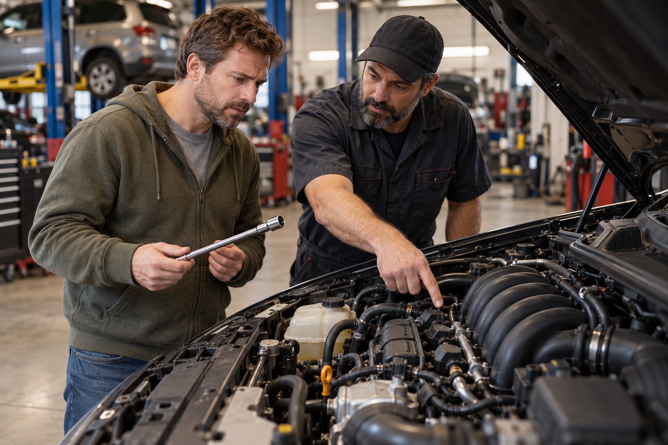 A mechanic in a black uniform pointing at the car engine while explaining spark plug replacement to a customer holding a tool in an auto shop