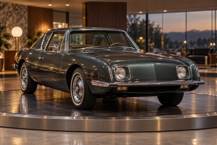 A vintage dark green Studebaker Avanti coupe showcased on a rotating metal platform inside a modern interior