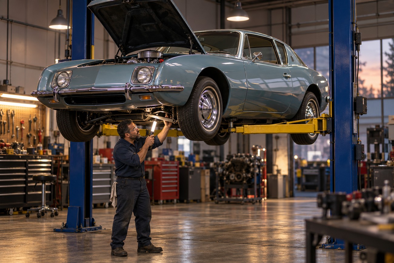 A mechanic inspecting the undercarriage of a classic blue Studebaker Avanti lifted on a hydraulic hoist in a garage