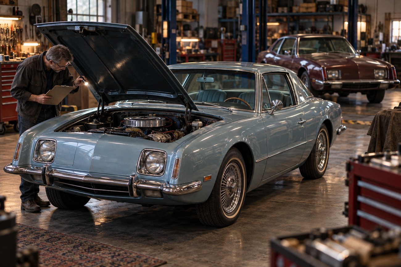 A mechanic holding a clipboard and flashlight inspects the open engine bay of a light blue classic Studebaker Avanti in a vintage repair garage