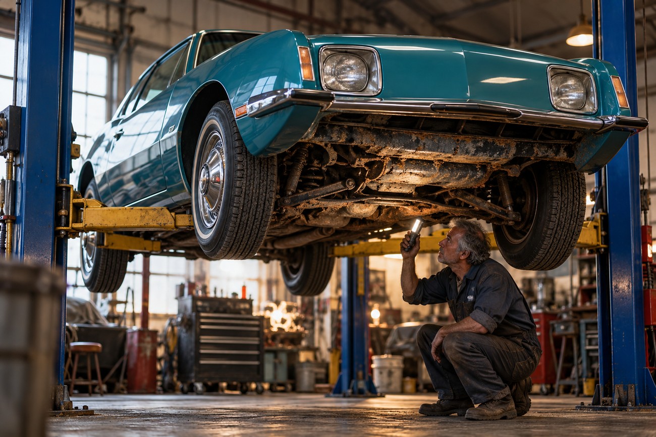 A mechanic in overalls crouches beneath a teal Studebaker Avanti raised on a lift, shining a flashlight at the chassis