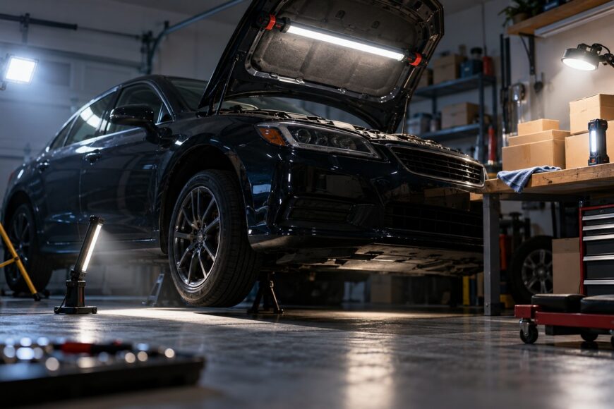 A black sedan parked in a garage with its hood open and illuminated by a bright LED work light attached underneath
