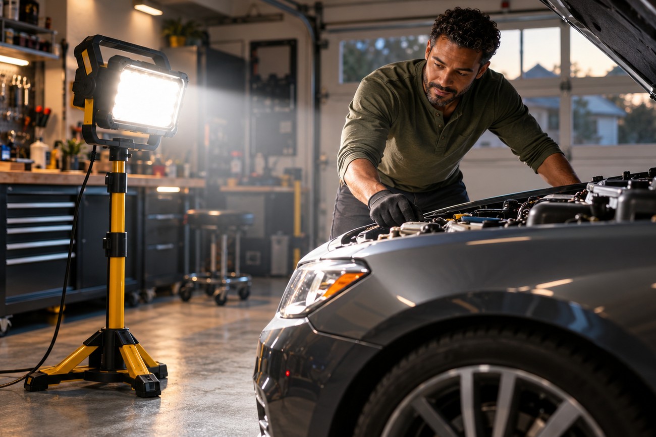 A mechanic inspecting a car engine in a garage illuminated by a bright yellow LED work light on a tripod