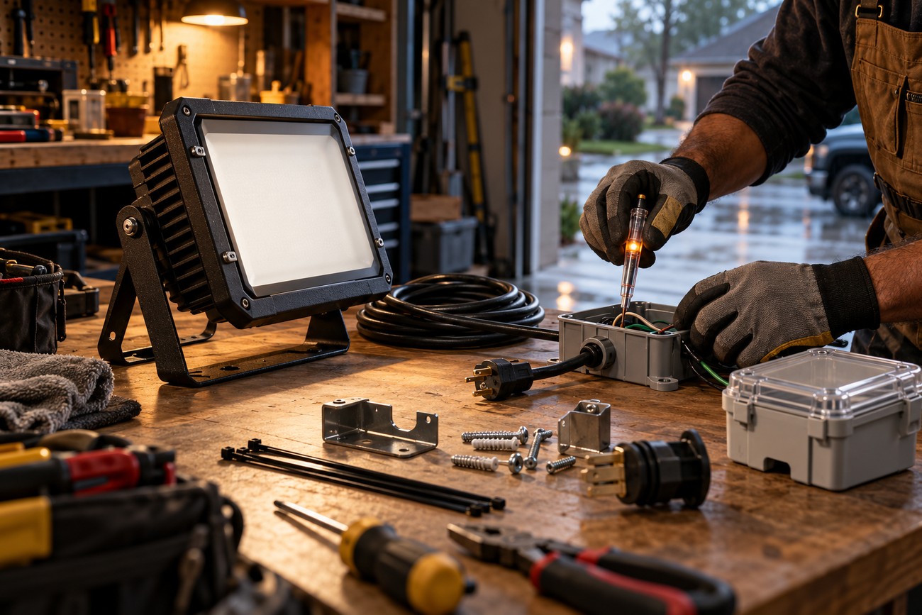 Mechanic in work gloves using a voltage tester on an electrical box next to a portable LED work light on a wooden workbench in a garage