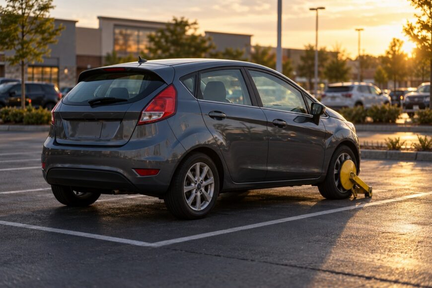 A dark gray Ford Fiesta parked in a shopping center lot with a yellow wheel clamp on its front tire