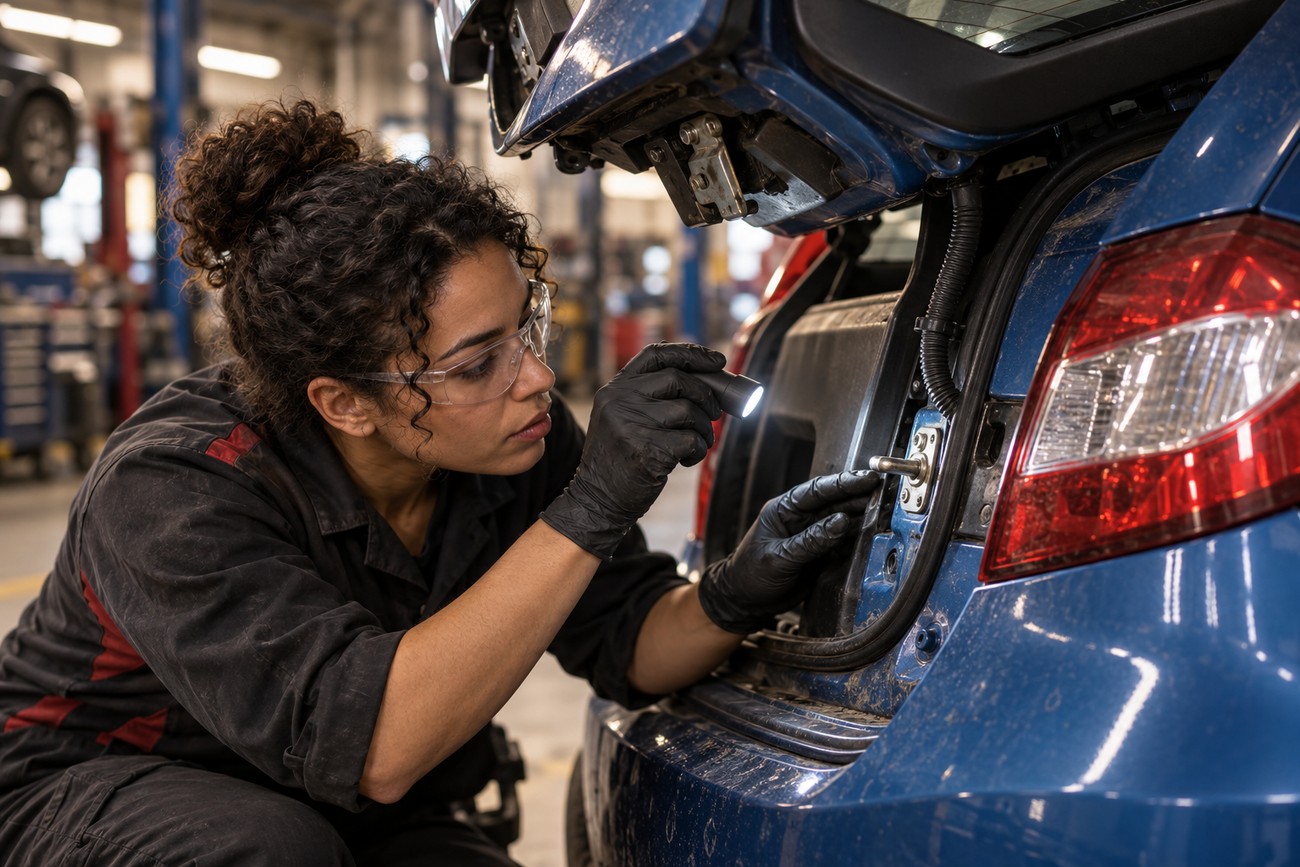 Female mechanic inspecting the open boot latch of a blue Ford Fiesta with a flashlight in a garage