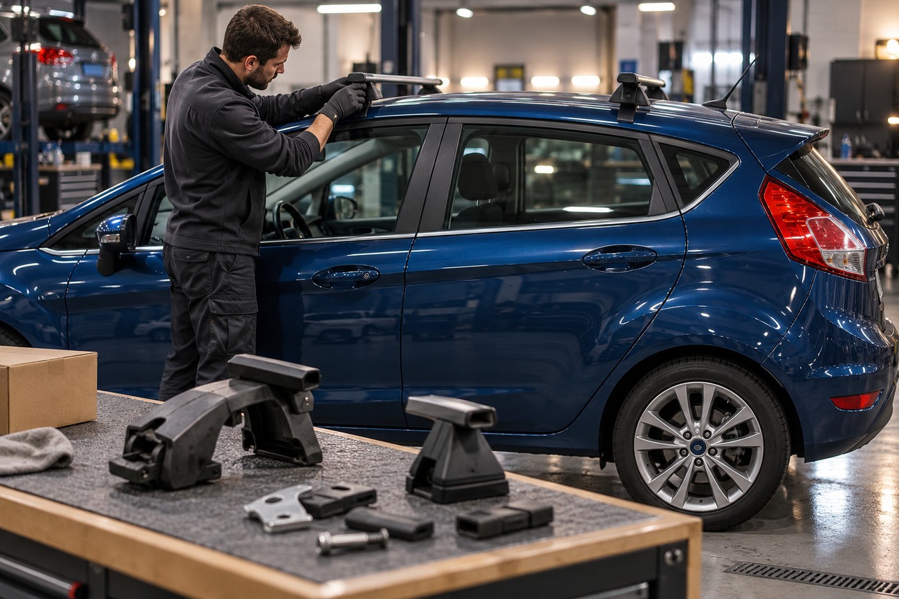 A mechanic wearing gloves installs a roof rack onto a blue Ford Fiesta parked inside a service garage