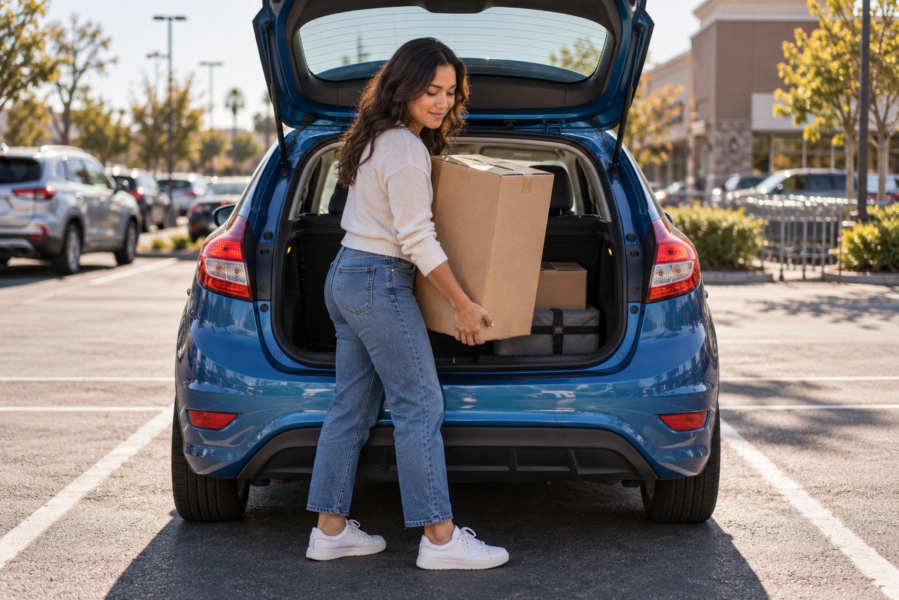 A woman putting a cardboard box into the trunk of a blue Ford Fiesta parked at a shopping center