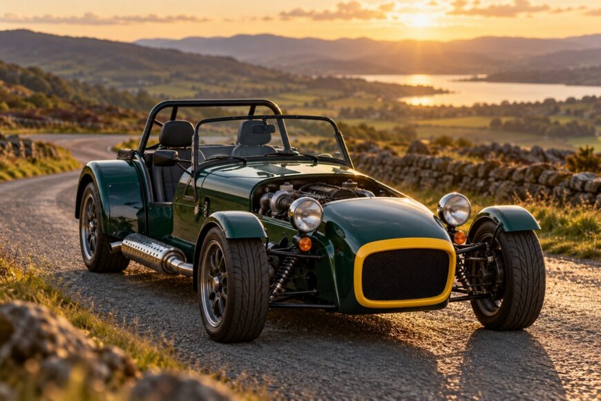 A dark green Caterham Seven 160 sports car parked on a winding road overlooking hills and a lake at sunset