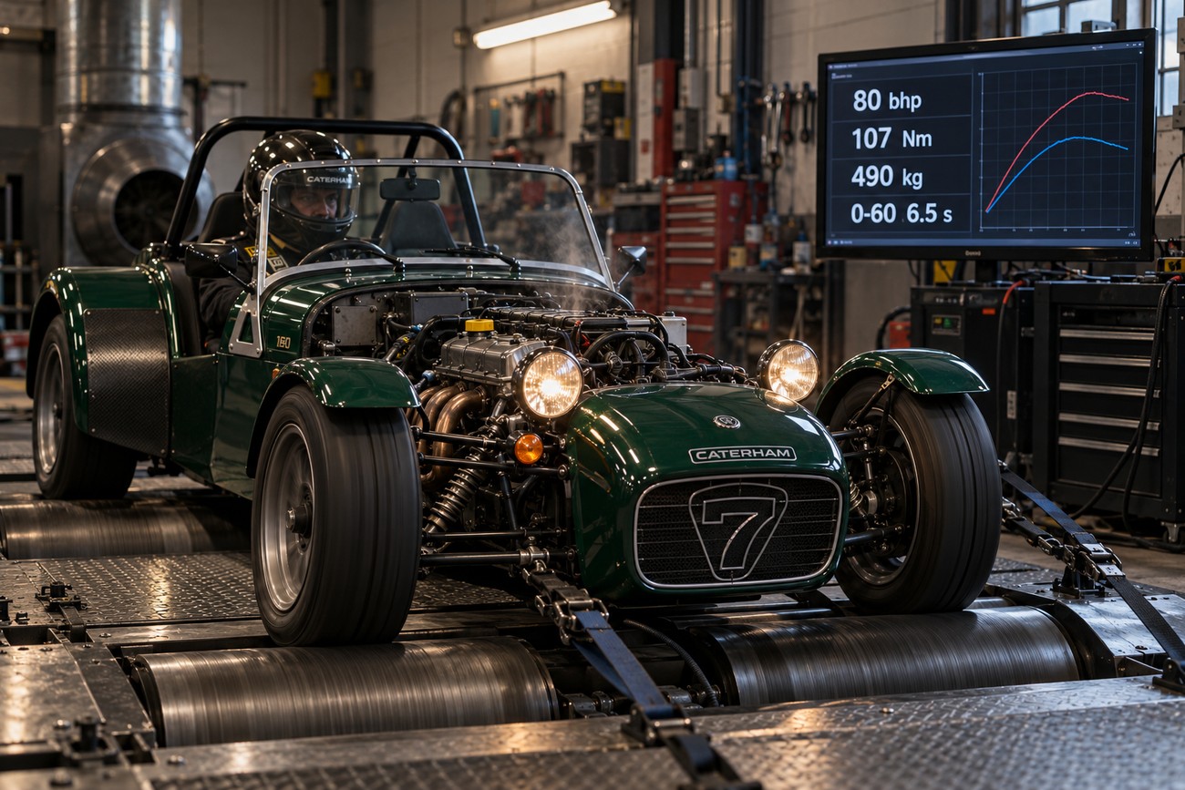 A green Caterham Seven 160 sports car secured on a dynamometer in a workshop with a monitor showing performance data