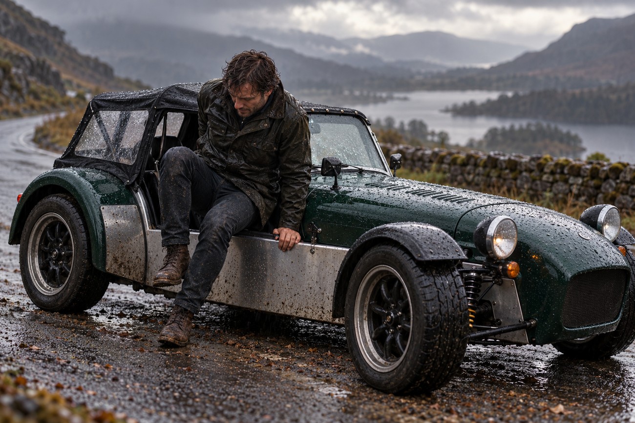 A man in a wet jacket stepping out of a green Caterham Seven 160 parked on a rainy lakeside road