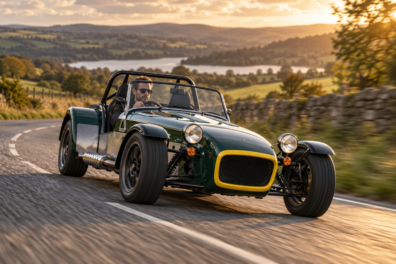 A man driving a green and yellow Caterham Seven 160 sports car along a scenic country road at sunset