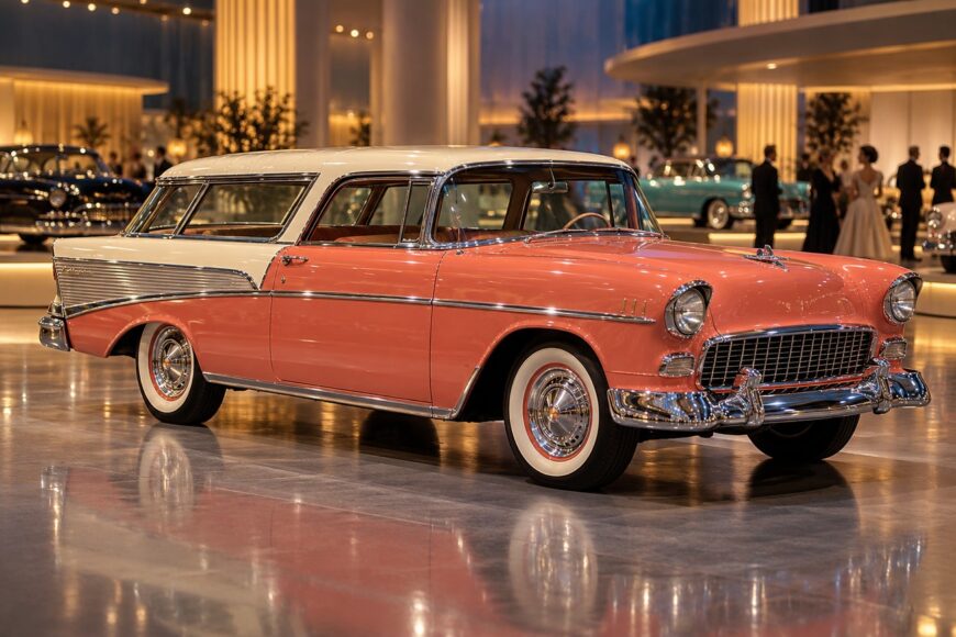 Classic pink and white 1955 Chevrolet Nomad sport wagon parked on a polished showroom floor with visitors in the background