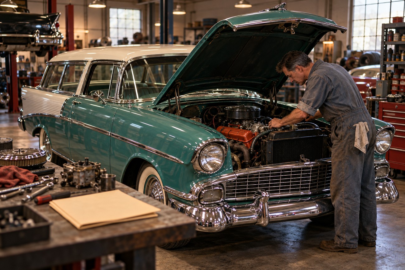 A mechanic in overalls inspects the engine of a classic teal and white 1955 Chevrolet Nomad in a workshop
