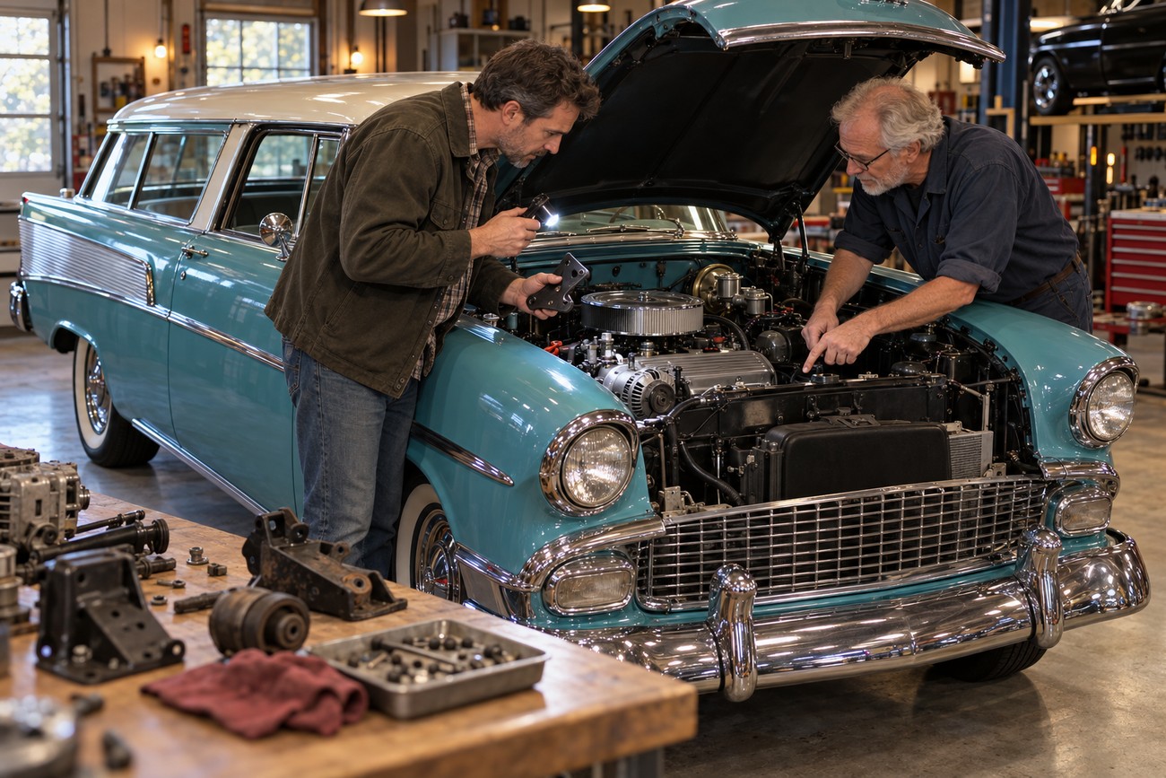 Two mechanics inspecting the engine under the hood of a classic turquoise 1955 Chevrolet Nomad in a workshop
