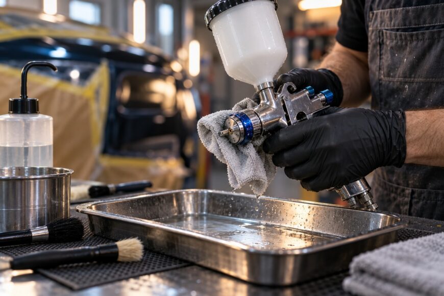 A technician in black gloves wipes down a DeVilbiss spray gun with a cloth over a metal tray in a workshop