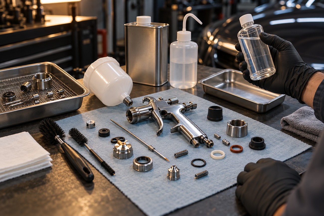 A technician wearing black gloves holds a bottle of solvent next to a disassembled DeVilbiss spray gun and cleaning brushes on a workshop workbench