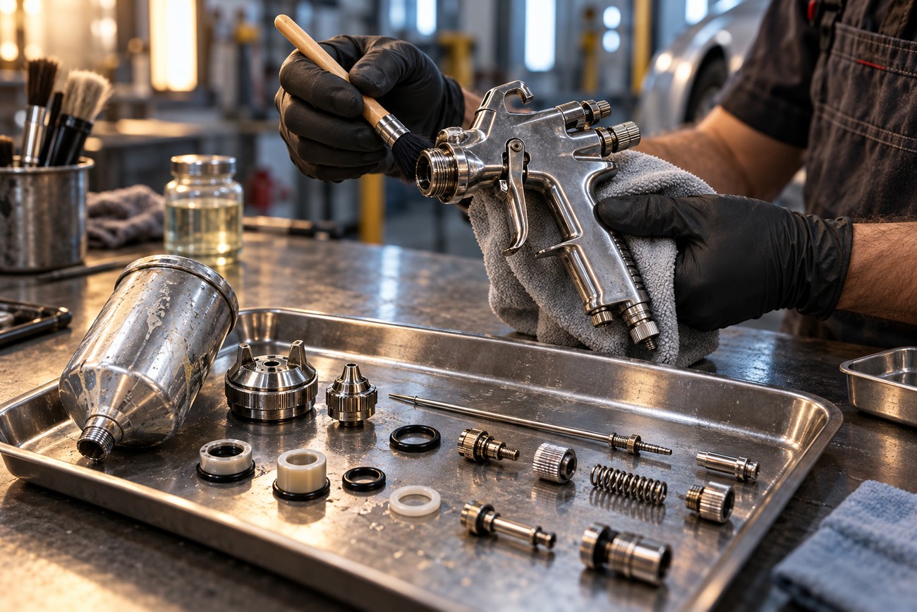 A mechanic in black gloves cleans a DeVilbiss spray gun with a small brush while holding it with a microfiber cloth over a workbench with disassembled parts
