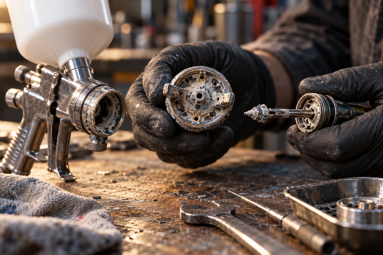 Worker in black gloves holding disassembled parts of a dirty DeVilbiss spray gun on a workbench