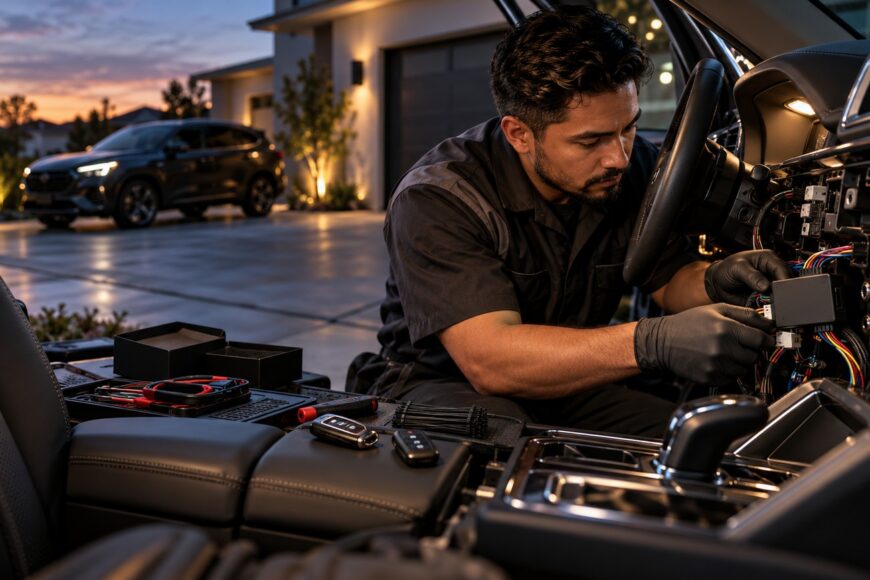 A focused mechanic wearing black gloves connects complex wiring under the dashboard of a car during a remote starter installation