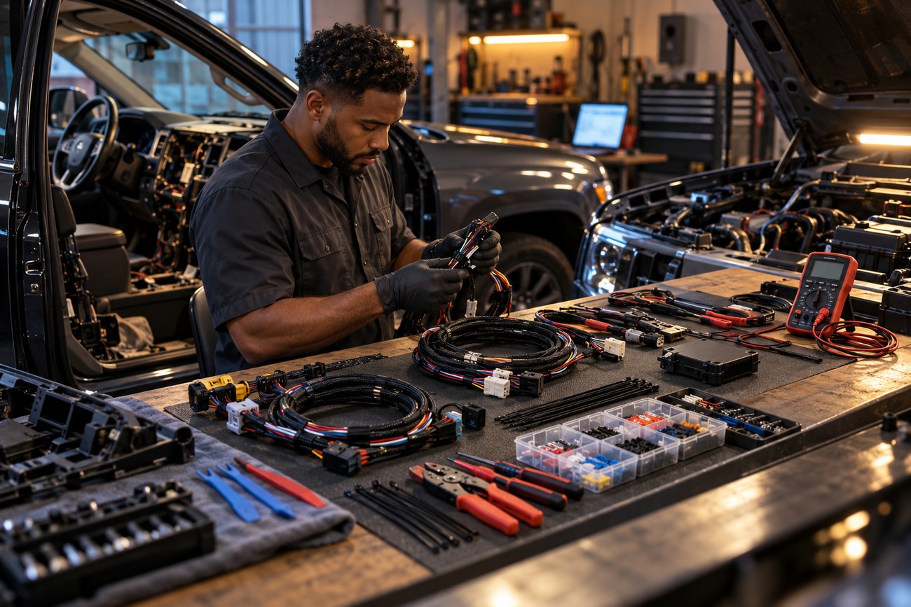 Mechanic wearing gloves organizing wire harnesses and electronic components on a workbench next to a car with an open hood