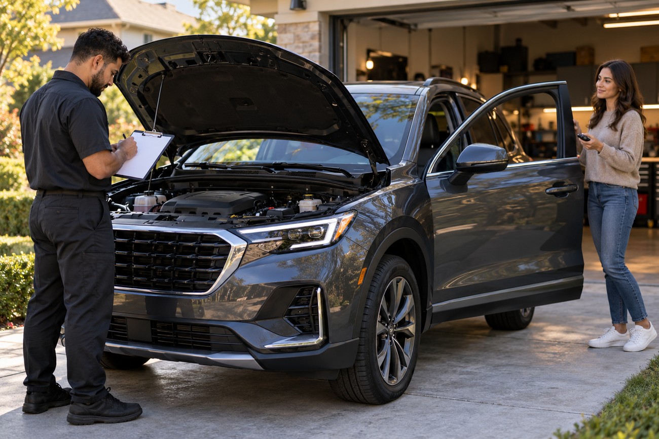 A mechanic writing on a clipboard in front of an SUV with an open hood while a woman holds a remote fob