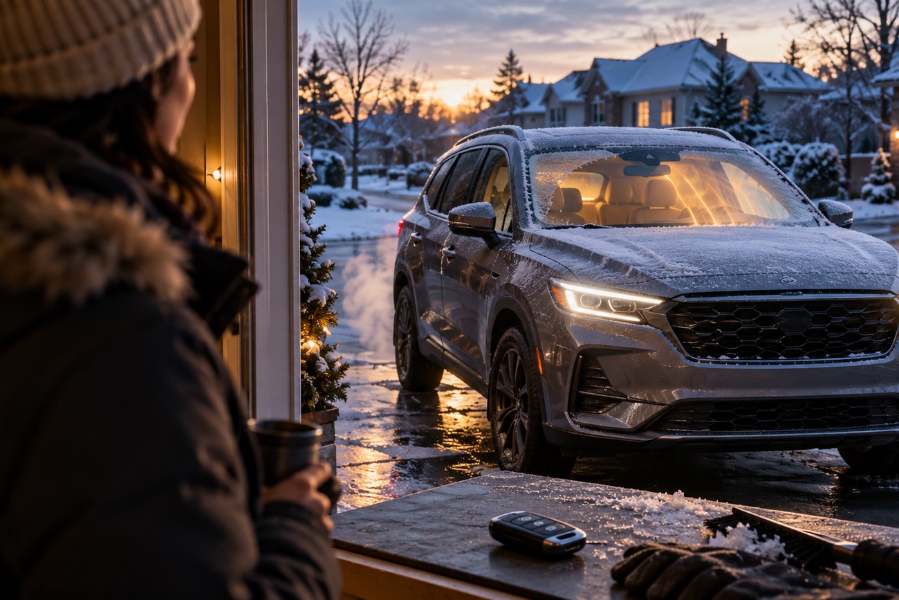 A woman holding a coffee cup watches her snowy car with headlights on warming up in the driveway