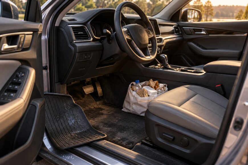 A clean modern car interior with leather seats and a rubber floor mat placed on the floor for cleaning