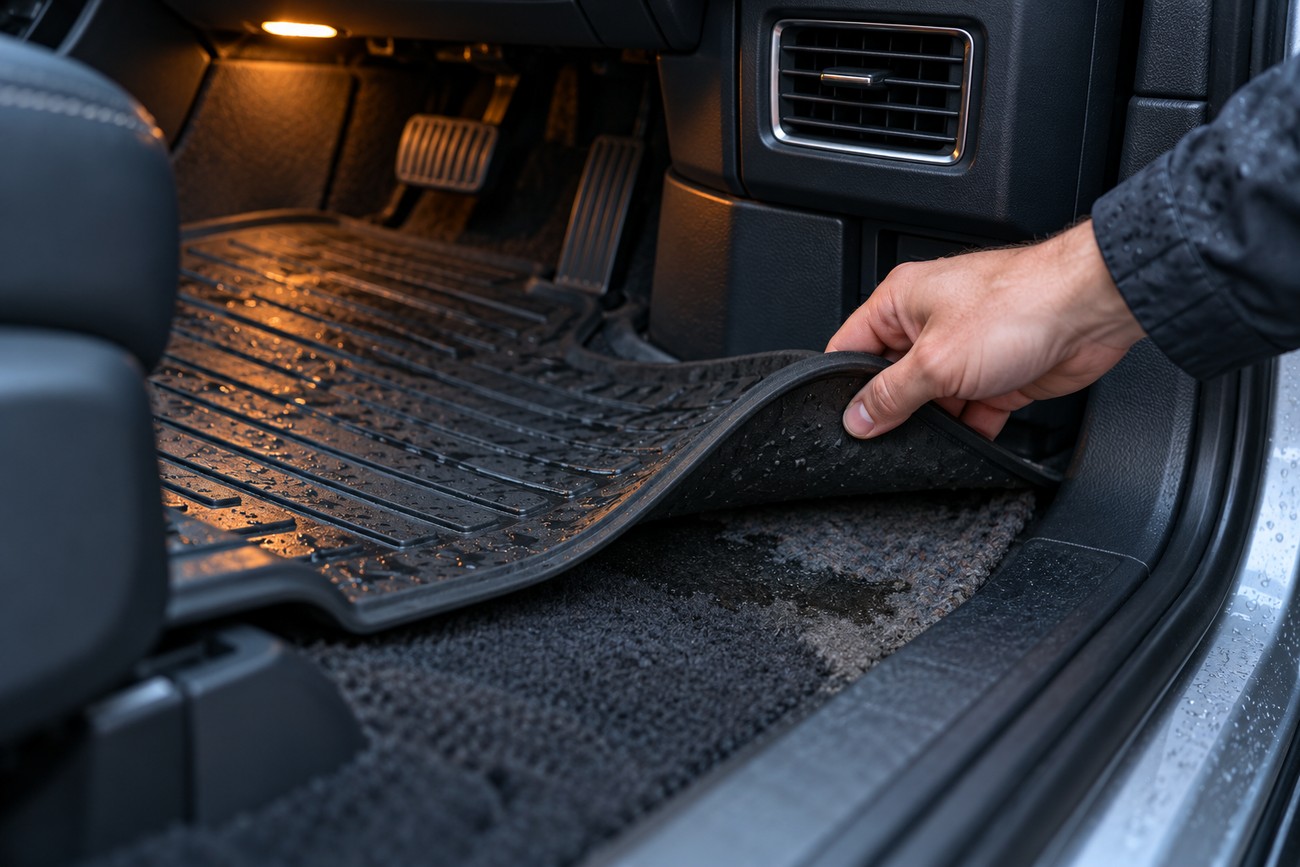 A person lifts a wet rubber floor mat inside a car to clean and freshen the interior