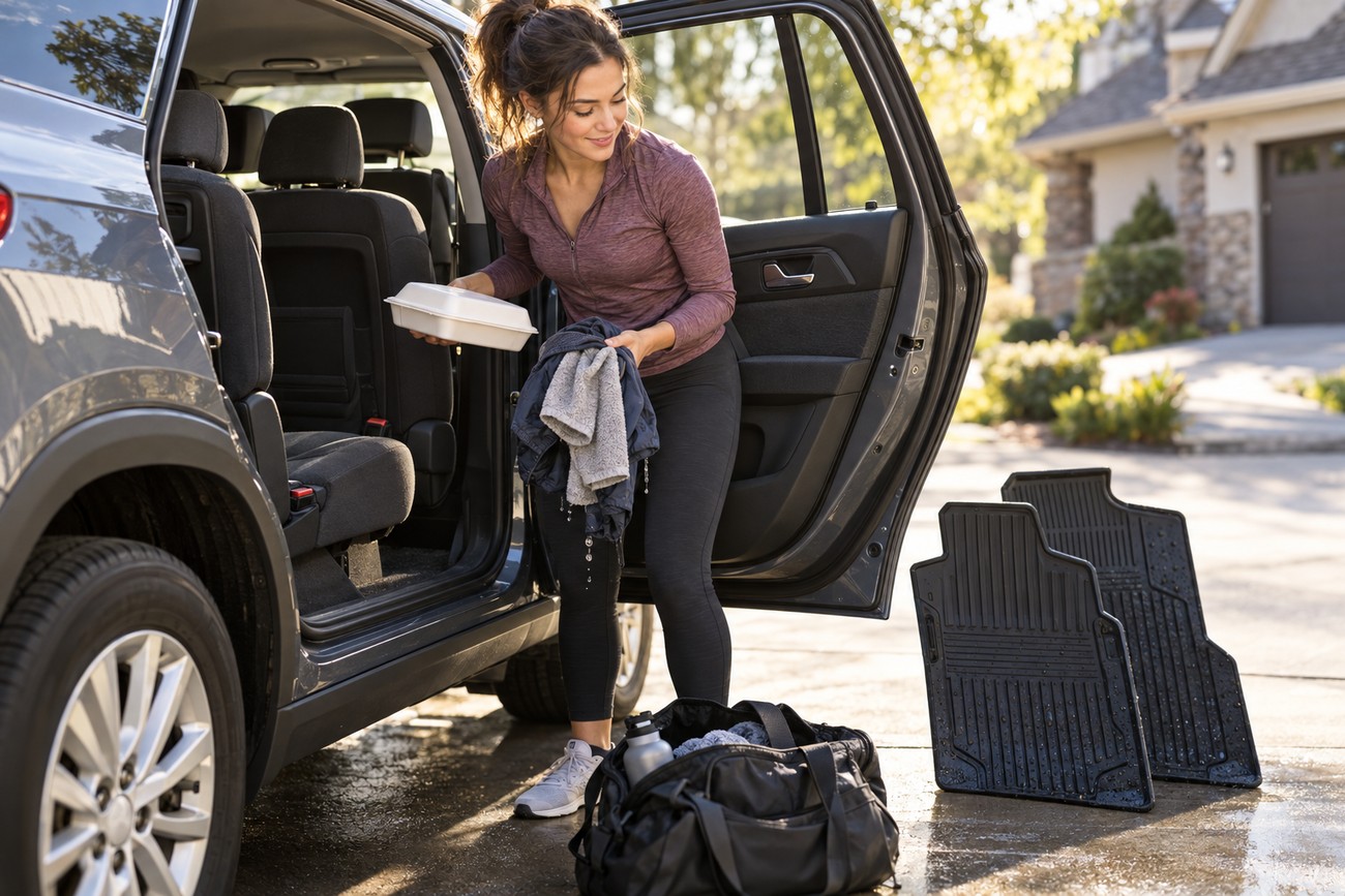 Woman taking out items and towels from the backseat of her SUV during car interior cleaning
