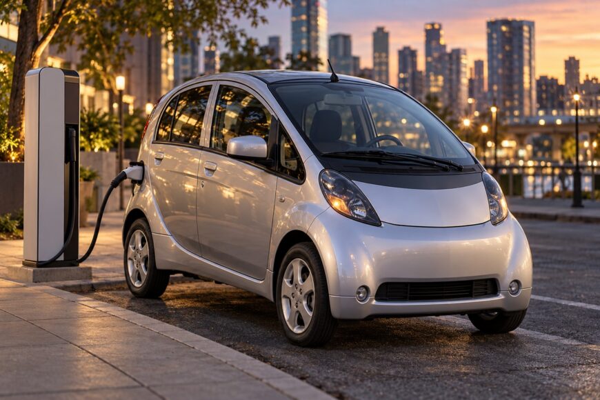 Silver Mitsubishi i-MiEV electric car connected to a charging station on a city street at sunset