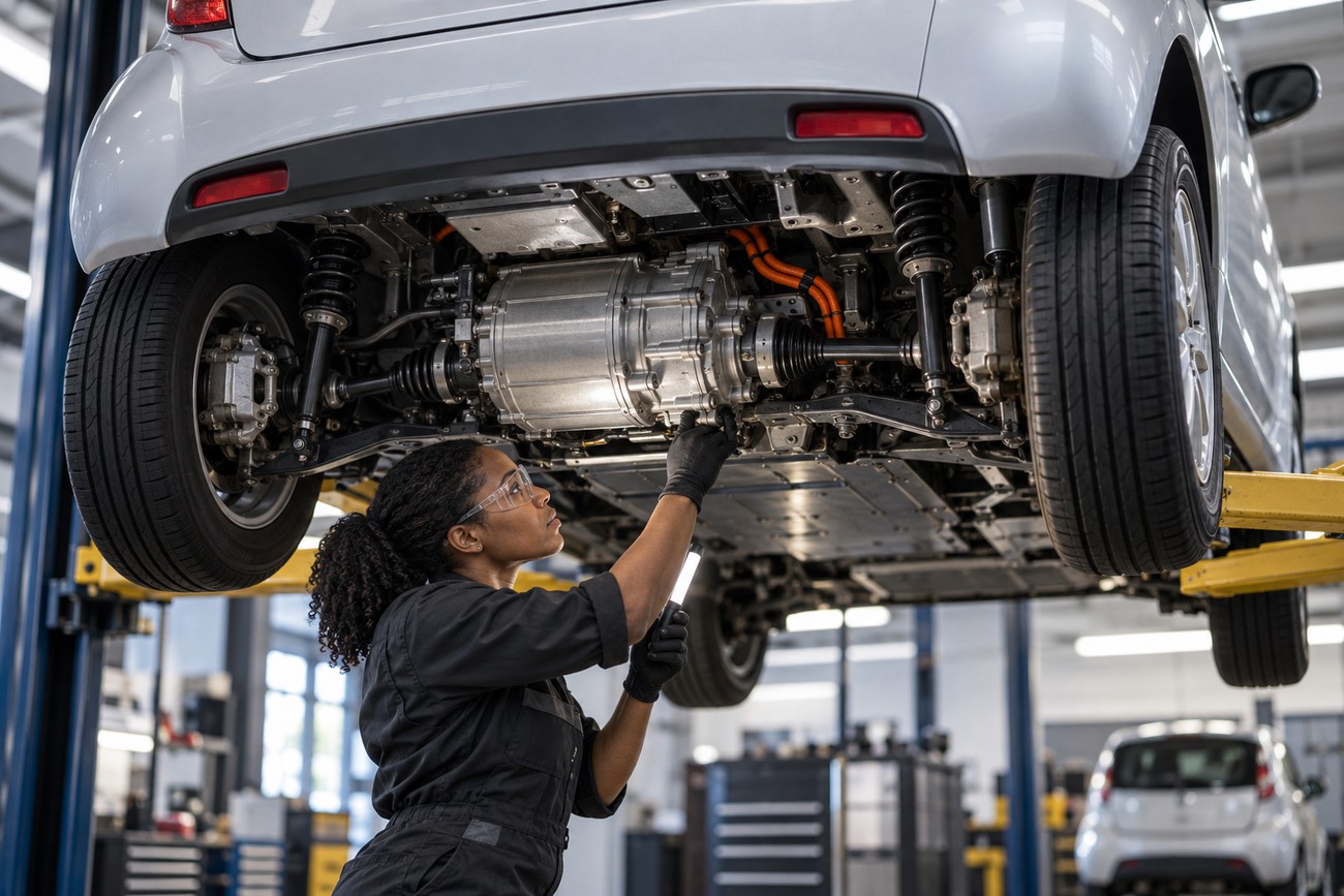 Female mechanic inspecting the electric motor and undercarriage of a white Mitsubishi i-MiEV lifted on a service hoist