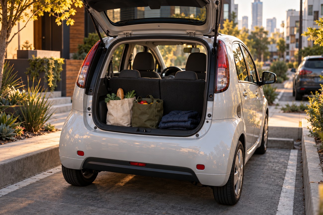 Rear view of a silver Mitsubishi i-MiEV electric car parked on a sunny city street with the trunk open containing grocery bags
