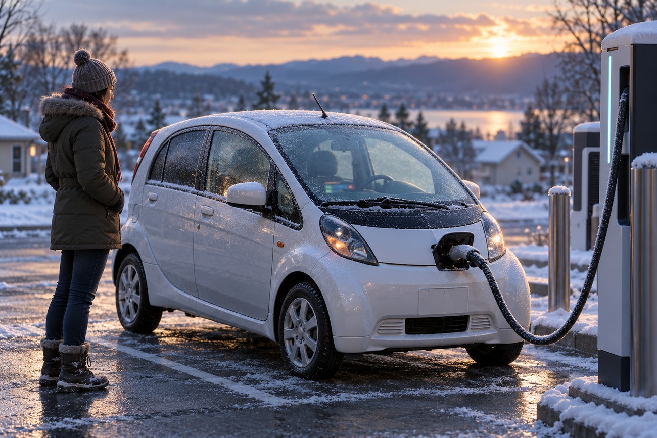 A woman in winter clothing stands next to a white egg-shaped Mitsubishi i-MiEV plugged into a snowy charging station at sunset