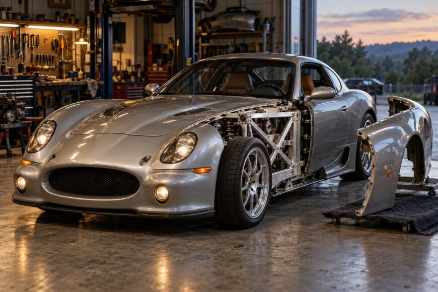 A silver Panoz Esperante sports car with exposed aluminum chassis frame undergoing hand-built assembly inside a professional automotive workshop