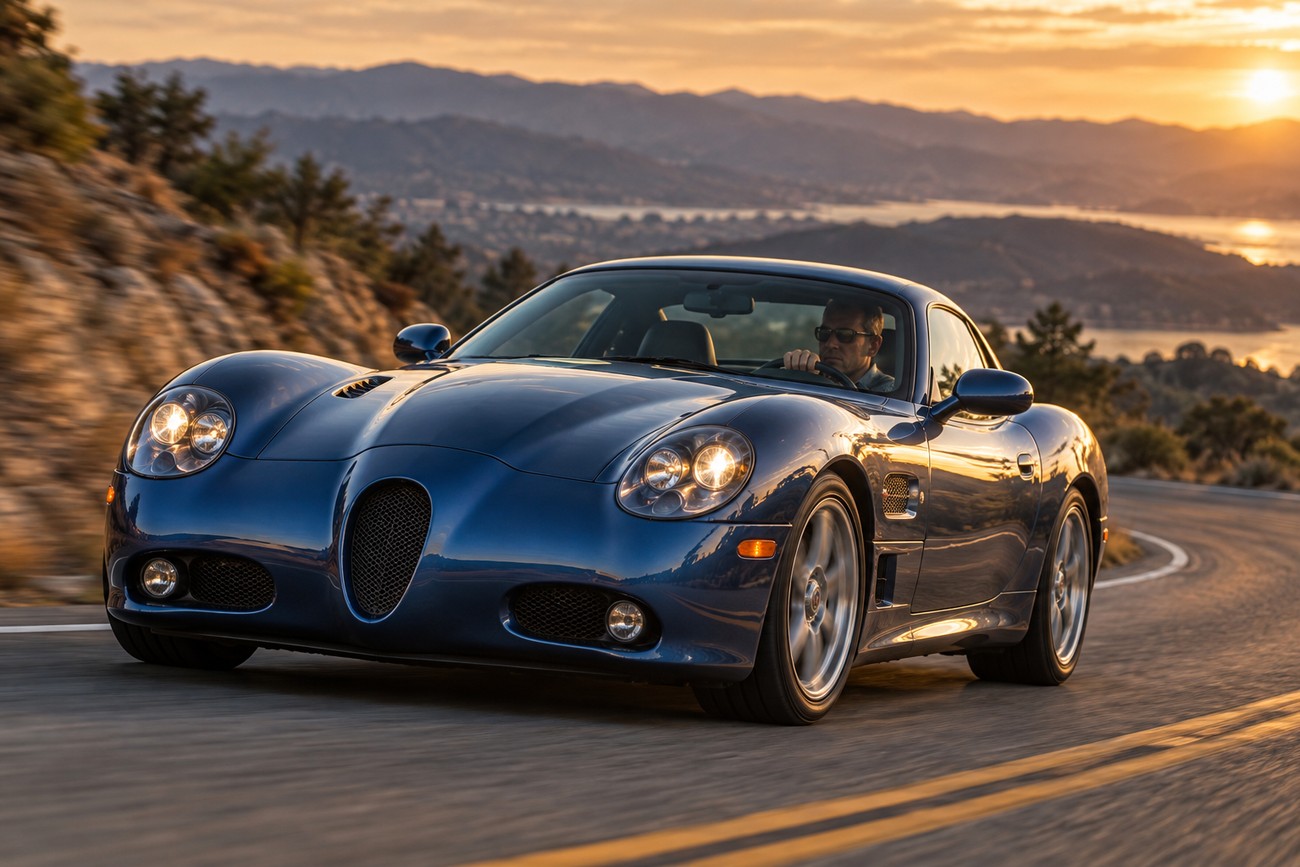 A blue Panoz Esperante sports car driving on a winding coastal mountain road during sunset