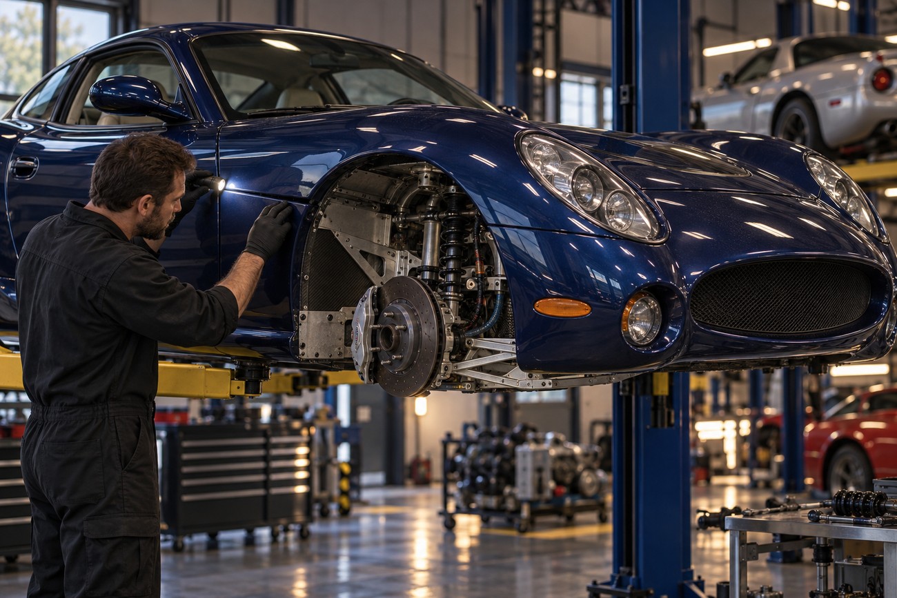 A mechanic in black overalls inspects the body panel and suspension of a blue Panoz Esperante sports car raised on a lift in an automotive workshop