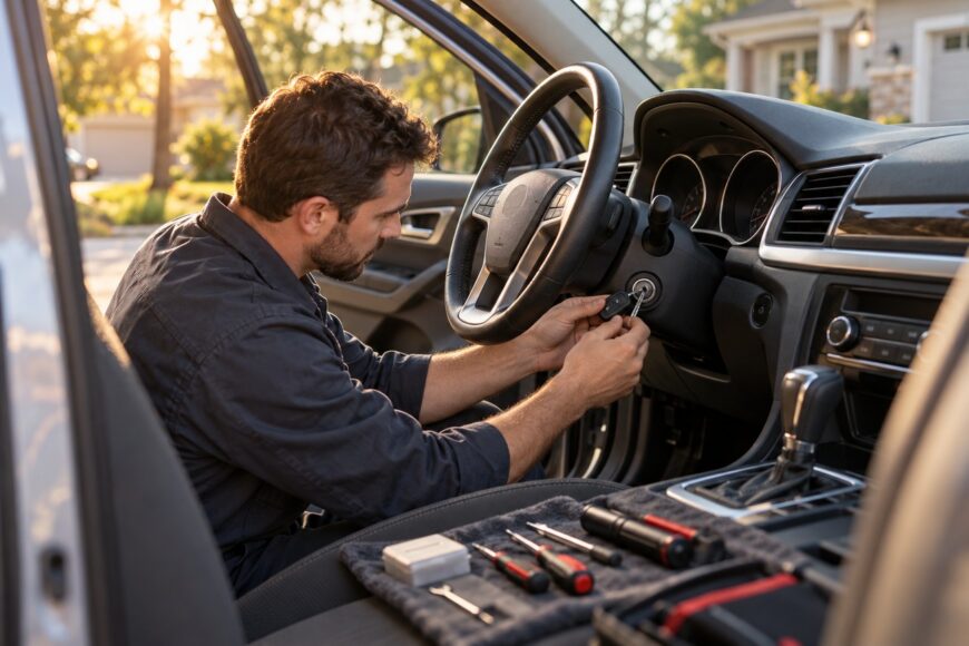Mechanic inserting a key into the ignition switch inside a car cabin with repair tools on the seat