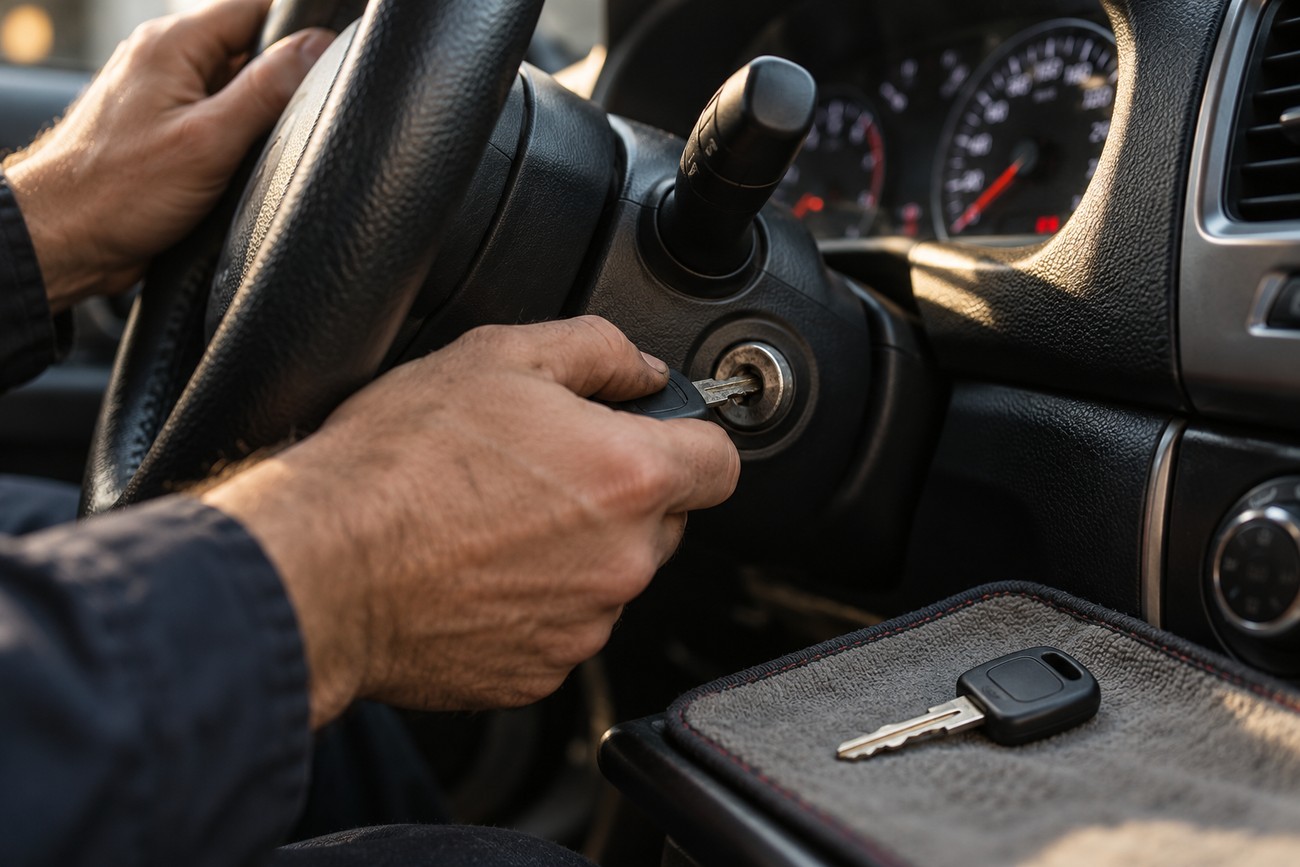 Driver inserting a key into the ignition switch of a car dashboard with a spare key lying nearby