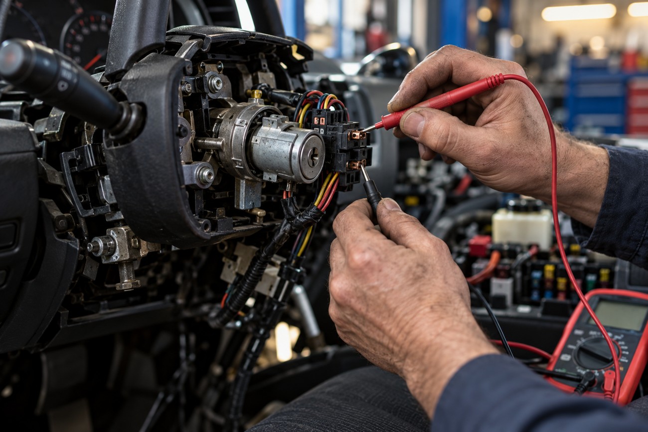 A mechanic tests the wires of a car ignition switch with a multimeter inside a repair shop