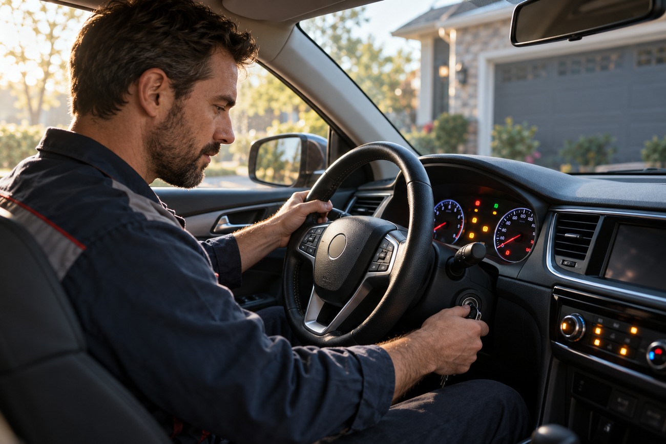 Mechanic sitting in the driver seat testing the ignition switch with a car key