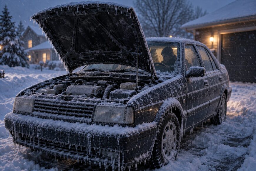 A heavily frosted diesel Volkswagen Jetta with its hood open stands in a snow-covered driveway during extreme cold weather