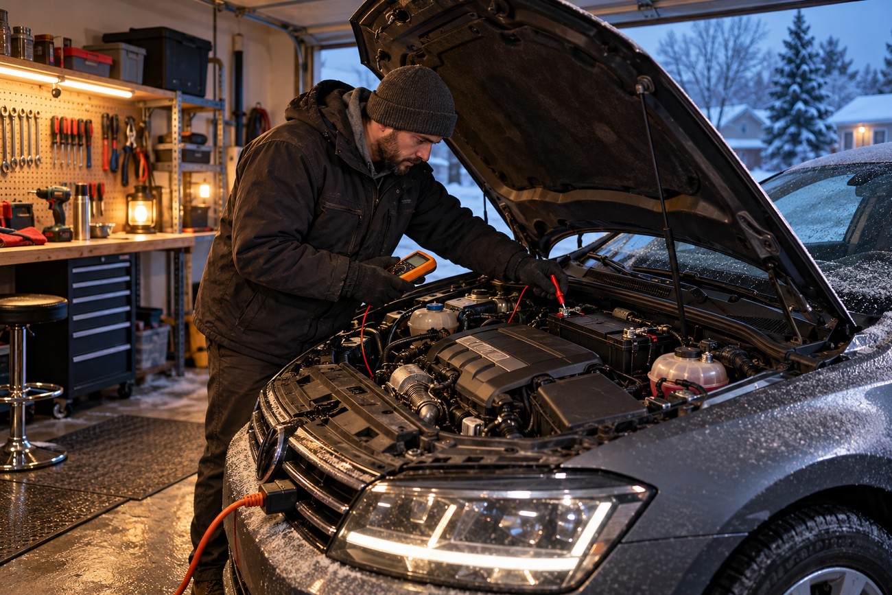 A man in a winter hat checking the battery of a diesel Volkswagen Jetta with a multimeter in a cold garage