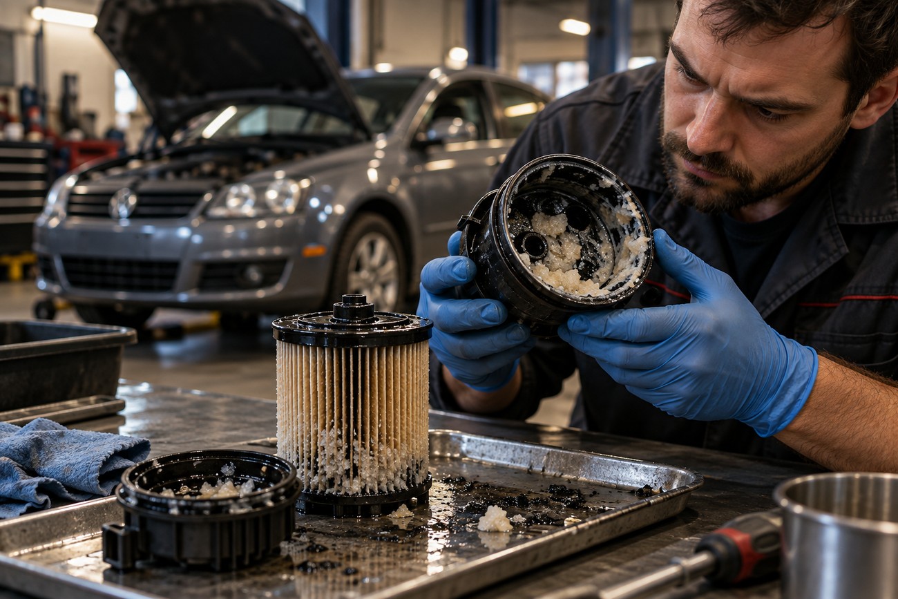Mechanic in blue gloves examining a diesel fuel filter clogged with wax crystals in a repair shop with a Volkswagen Jetta in the background