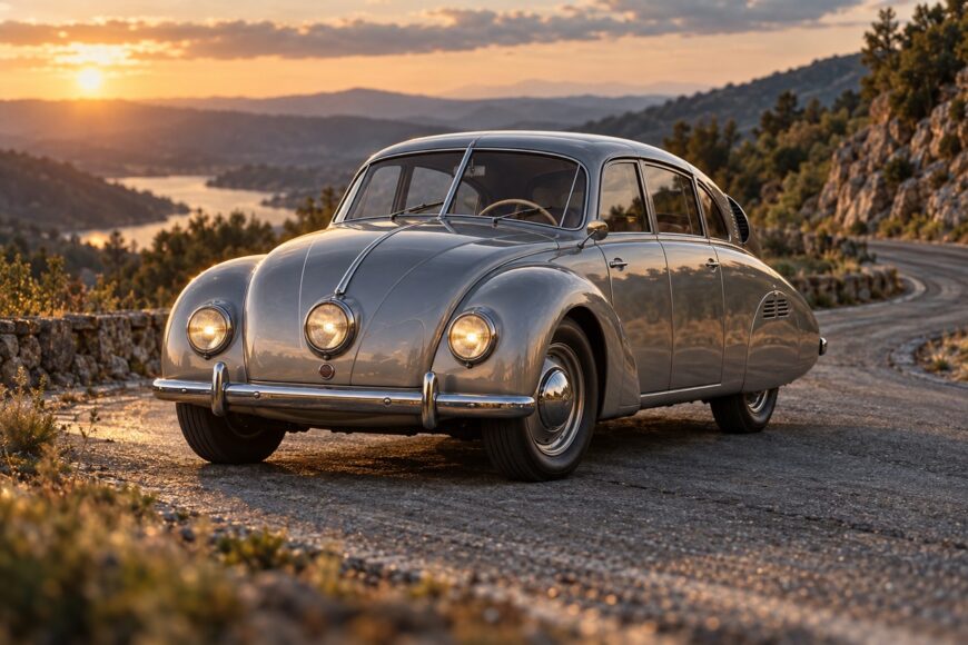 A vintage silver Tatra T87 streamliner parked on a winding mountain road during a scenic sunset
