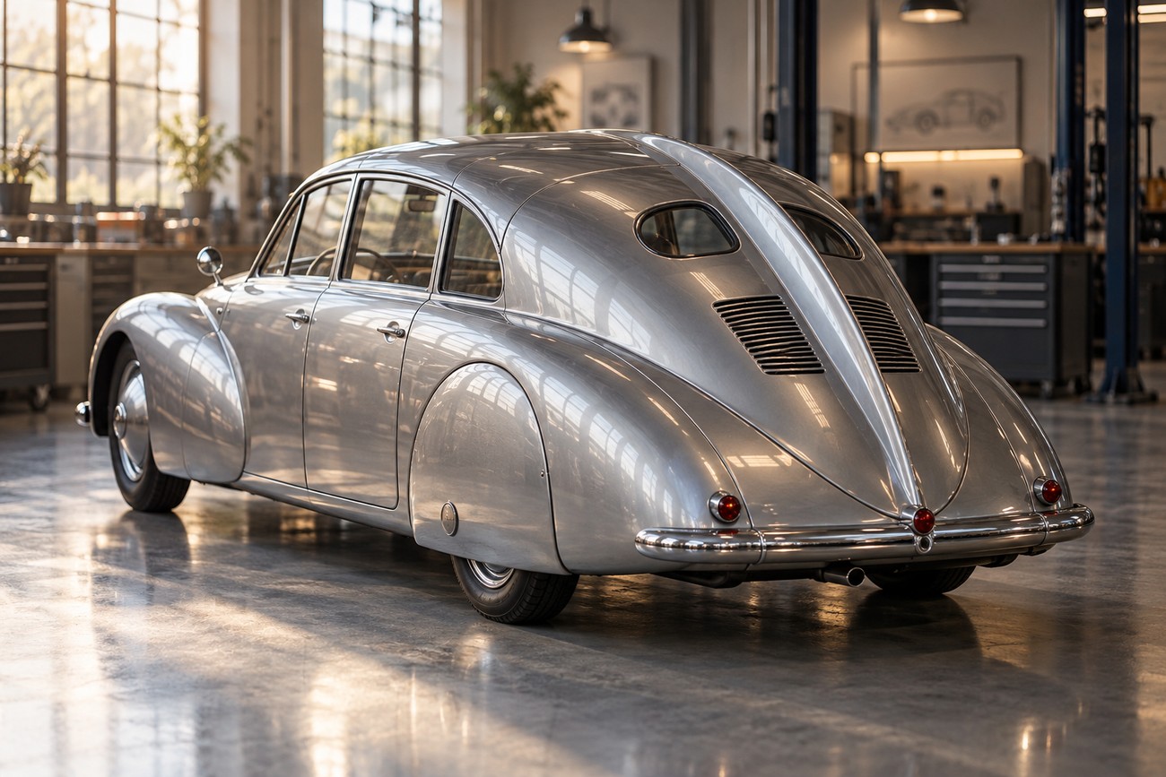 Rear-quarter view of a restored silver Tatra T87 streamliner parked on a polished concrete floor inside a vintage garage