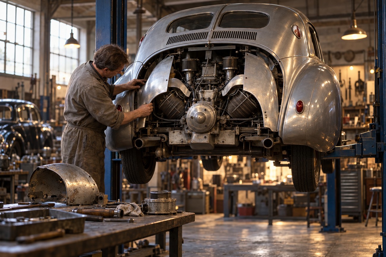 A mechanic in workwear adjusts components of the exposed rear V8 engine of a classic Tatra T87 streamliner lifted on a hydraulic hoist inside a vintage workshop